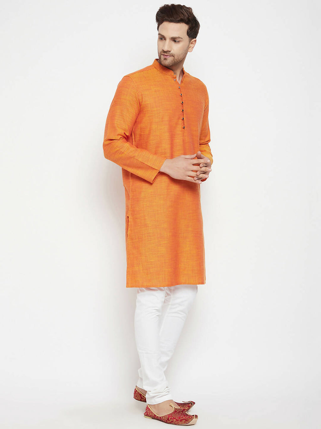 Even Apparels Orange Pure Cotton Long Men's Kurta With Band Collar | Grocsy