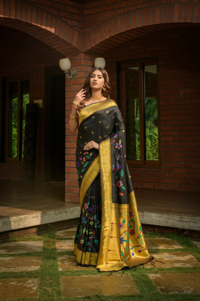 Jyoti Fashion Women's Black Paithani Silk Zari Woven Saree with Blouse | Grocsy