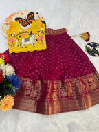 Teeya Creation New Trendy Designer Kids Girls Yellow & Red Silk Pichwai Cow Motif Lehenga Choli Set-Yellow | Grocsy