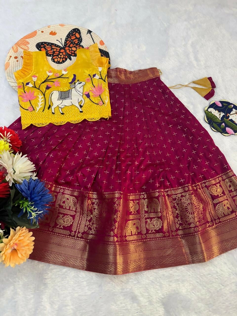 Teeya Creation New Trendy Designer Kids Girls Yellow & Red Silk Pichwai Cow Motif Lehenga Choli Set-Yellow | Grocsy