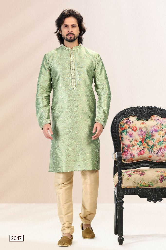 Raivat Ethnic Jacquard Banarasi Silk Pintux Work Kurta Pajama In Green Colour | Grocsy