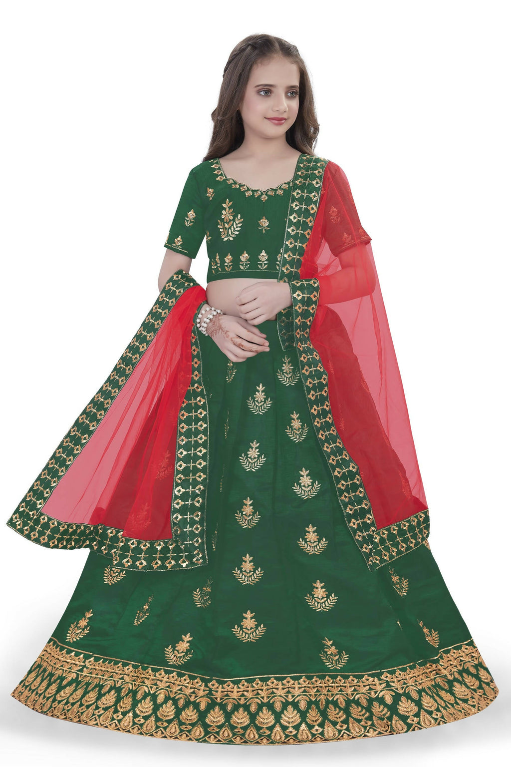 Dwiden Green Kamal Tafetta Sattin Semi-Stitched Girl's Lehenga Choli | Grocsy