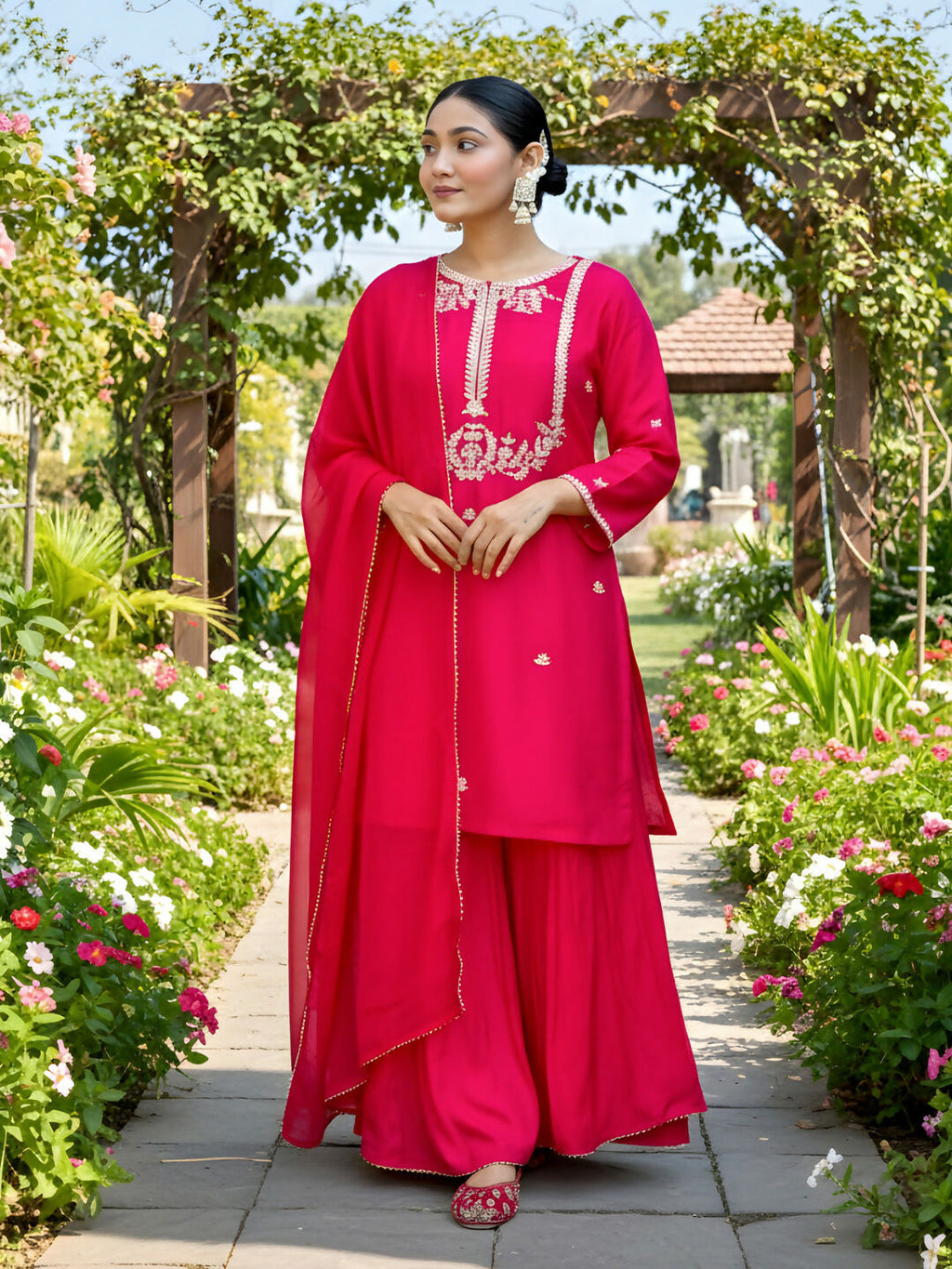The52 Women's Gorgeous Embroidery Work Viscose Silk Fabric Straight Kurta Palazzo and Dupatta Set-Red | Grocsy
