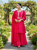 The52 Women's Gorgeous Embroidery Work Viscose Silk Fabric Straight Kurta Palazzo and Dupatta Set-Red | Grocsy