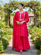 The52 Women's Gorgeous Embroidery Work Viscose Silk Fabric Straight Kurta Palazzo and Dupatta Set-Red | Grocsy