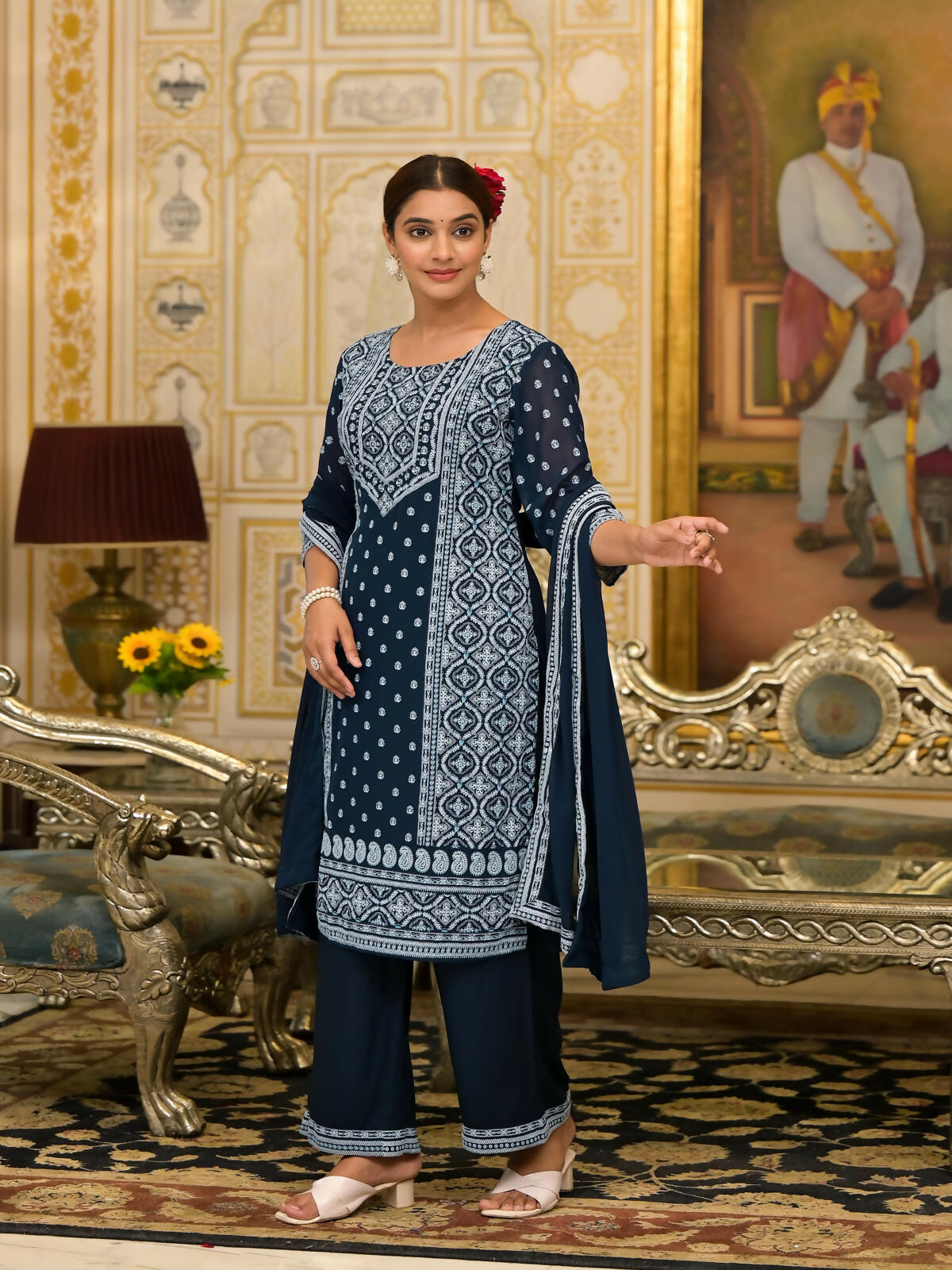 Juniper Women's Navy Ethnic Motif Printed Georgette Kurta Pant And Dupatta Set With Sequins & Beads | Grocsy