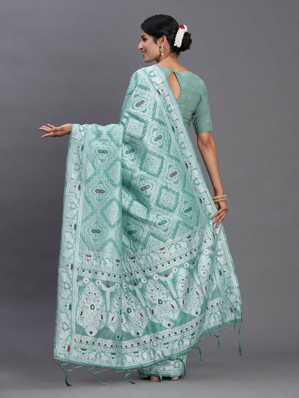 Shree Shyam Fashion Linen Cotton Sea Green Saree | Grocsy