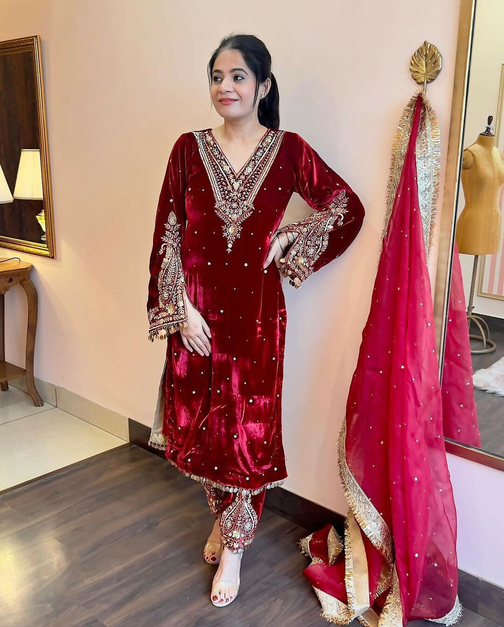 Joban Fashion Deep Maroon Velvet Embroidery Kurta Set | Grocsy