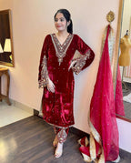 Joban Fashion Deep Maroon Velvet Embroidery Kurta Set | Grocsy