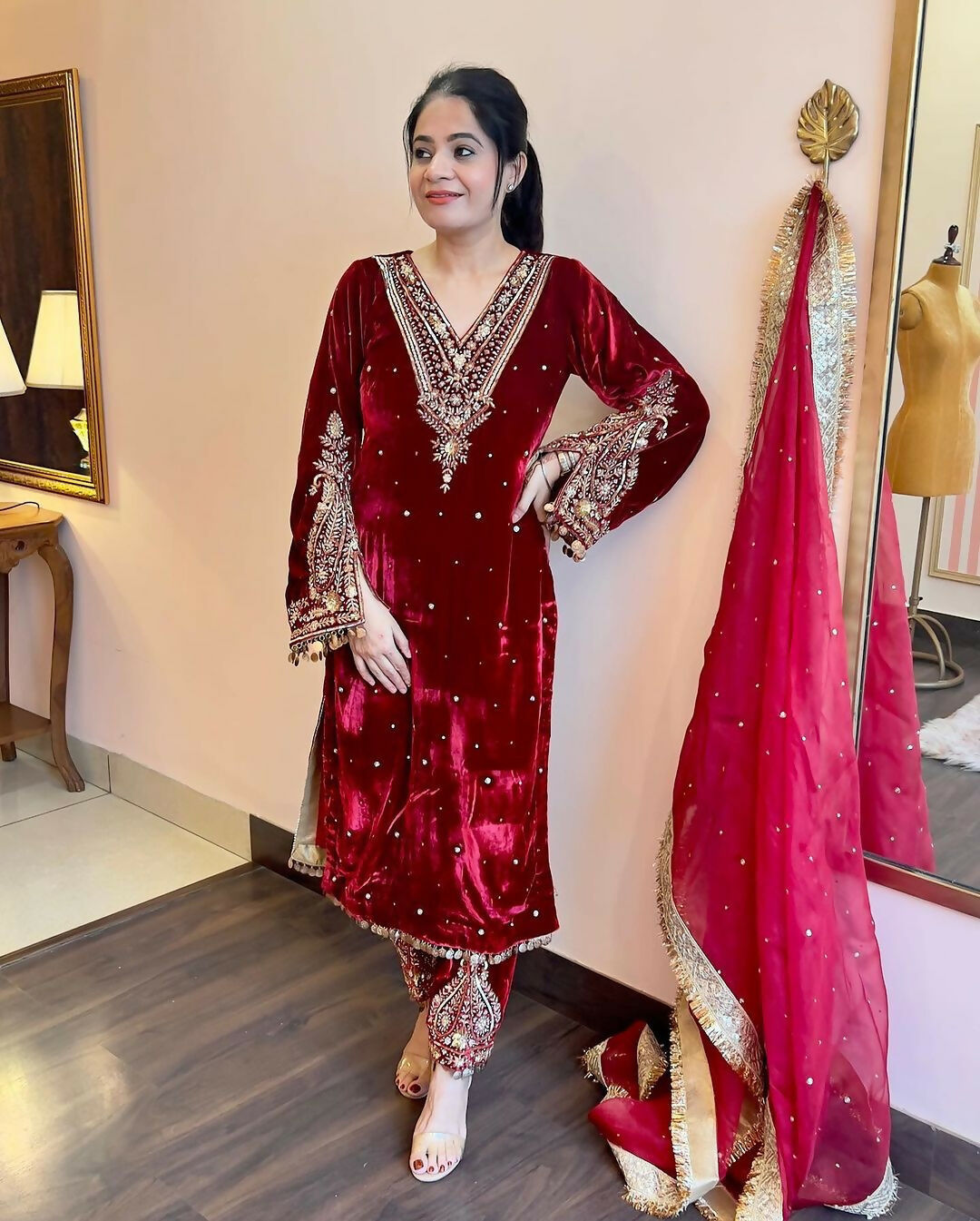 Joban Fashion Deep Maroon Velvet Embroidery Kurta Set | Grocsy
