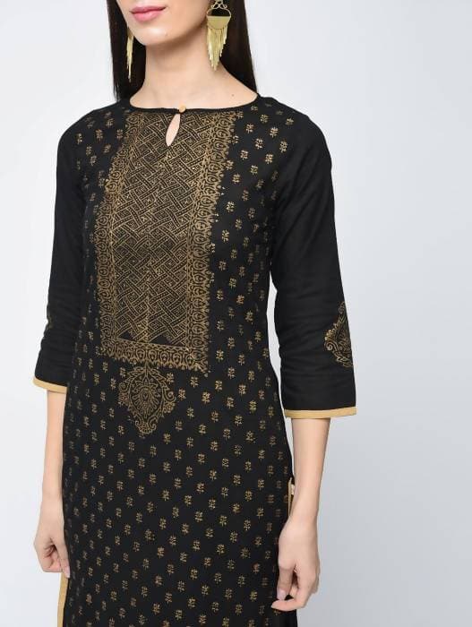 Aniyah Cotton Block Printed Black Color Straight Kurta (AN-123K) | Grocsy