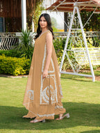Nikhaar Light Brown Embroidered Modal Silk Stitched Straight Cut Kurta Culottes Dupatta Readymade Suit | Grocsy