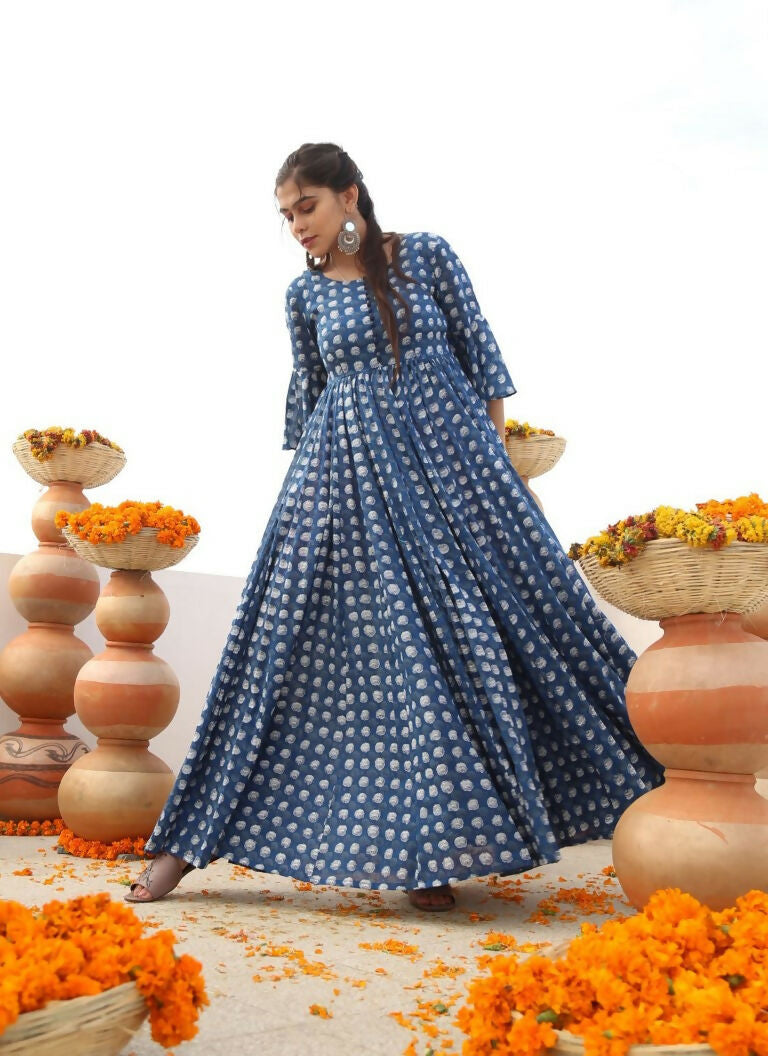 Jyoti Fashion Women's Blue Heavy Digital Printed Cotton Silk Anarkali Dress | Grocsy
