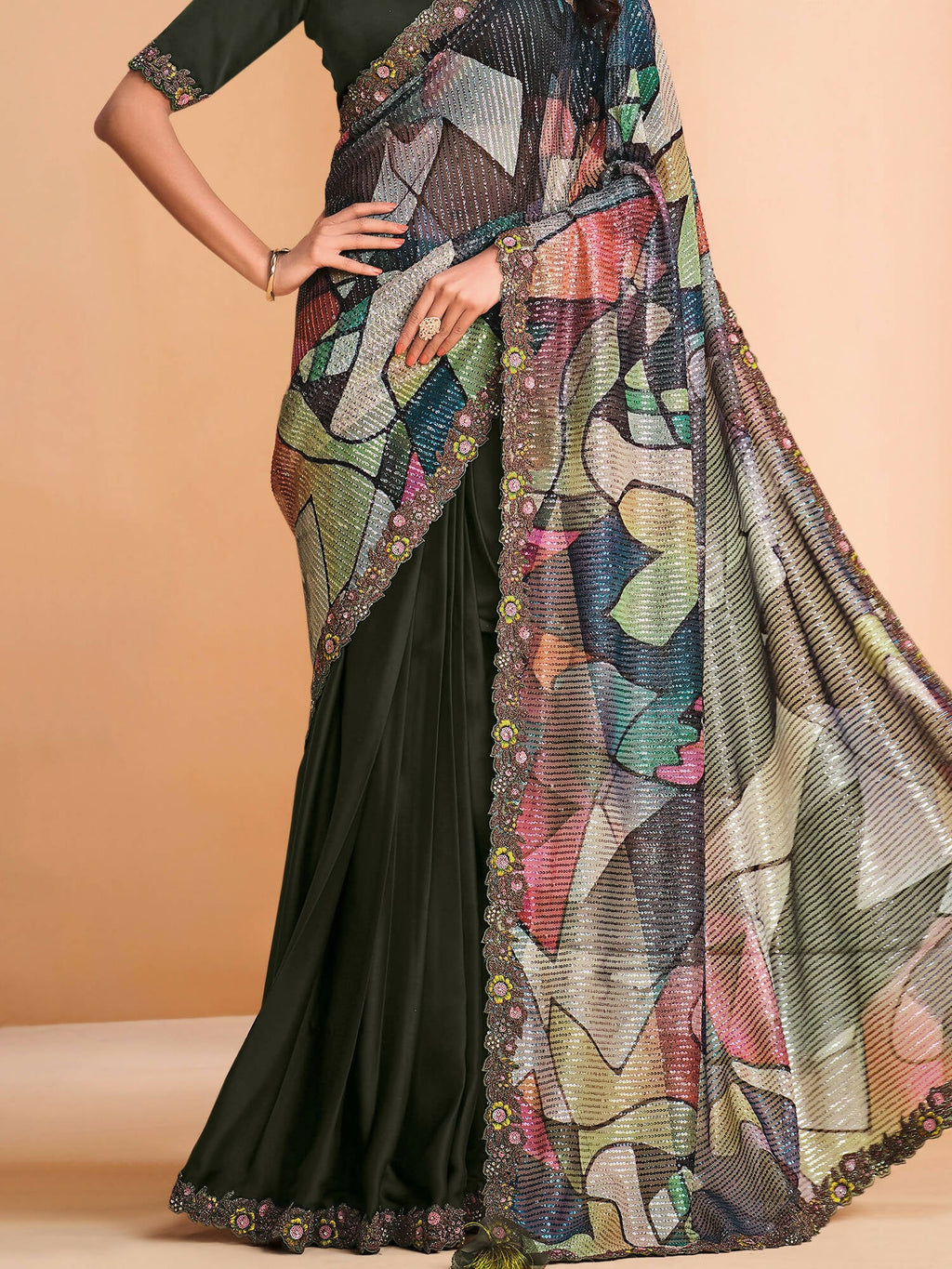 Green Satin Crepe Silk Sequence Embroidered Saree With Unstitched Blouse - Mohmanthan Yavanika | Grocsy