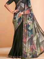 Green Satin Crepe Silk Sequence Embroidered Saree With Unstitched Blouse - Mohmanthan Yavanika | Grocsy