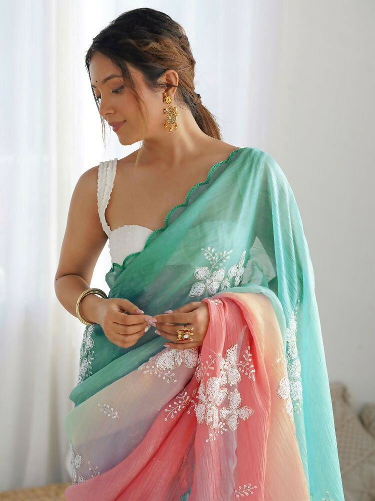 PR Fashion Rama_Peach Gold Crush Embroidery Work Saree | Grocsy