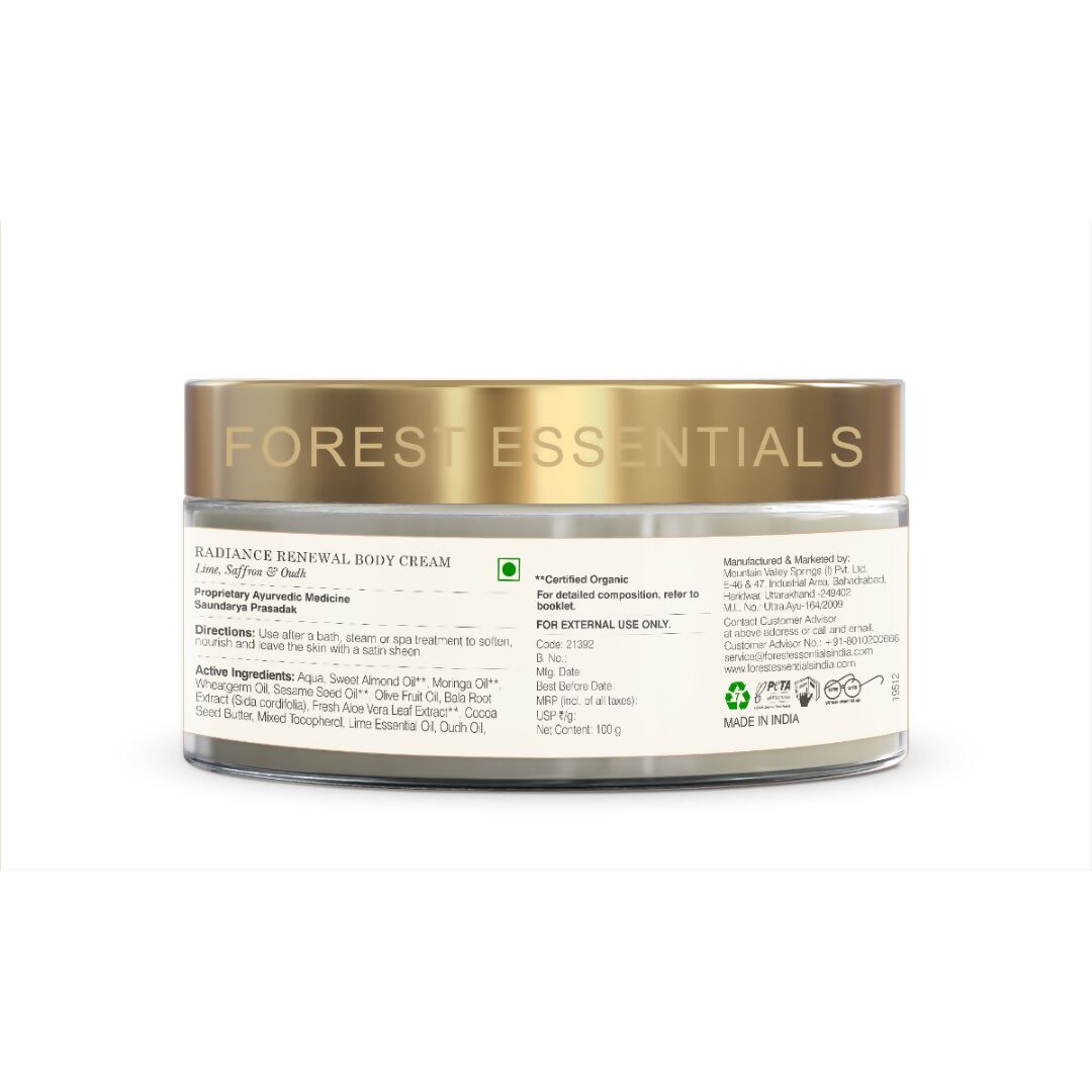 Forest Essentials Radiance Renewal Body Cream Lime Saffron & Oudh | Grocsy