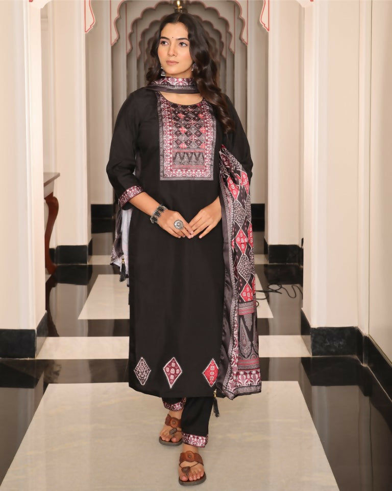 Jyoti Fashion Women's Black Viscos Simmer Hand Work with Floral Printed Kurta Set | Grocsy