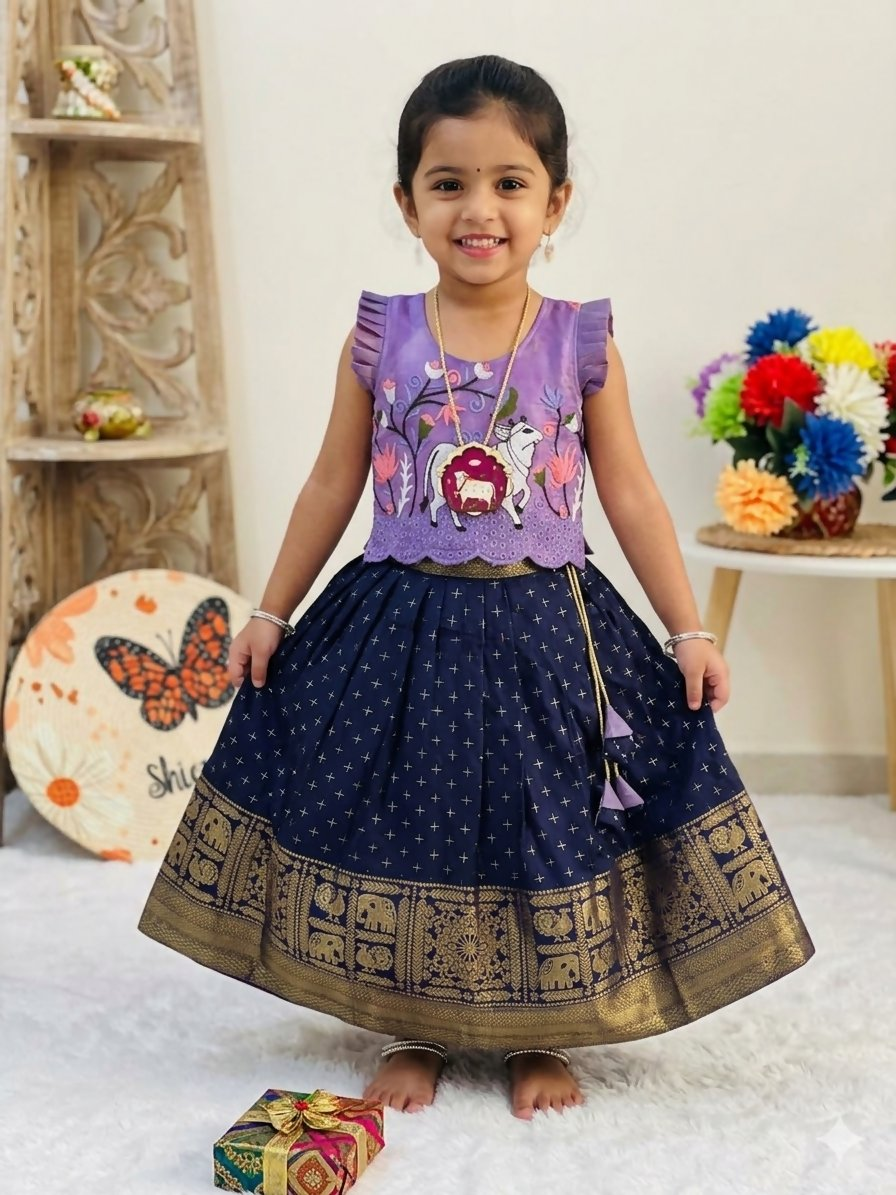 Teeya Creation New Stylish Girls Lavender & Navy Blue Silk Traditional Pichwai Art Lehenga Choli Set-Blue | Grocsy