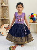 Teeya Creation New Stylish Girls Lavender & Navy Blue Silk Traditional Pichwai Art Lehenga Choli Set-Blue | Grocsy
