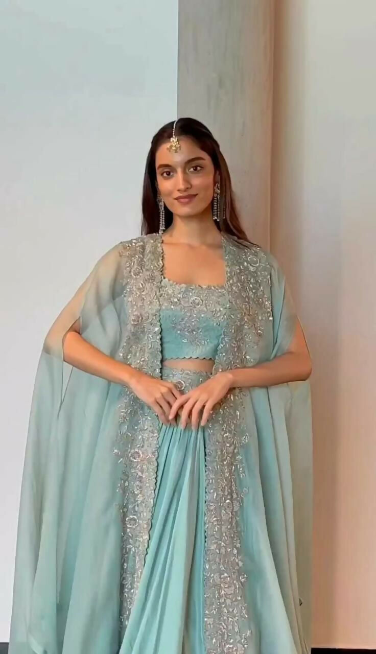 Jyoti Fashion Women's Sky Blue Chinon Sequins with Thread Embroidered Designer Lehenga Choli with Shrug Set | Grocsy
