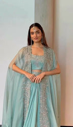 Jyoti Fashion Women's Sky Blue Chinon Sequins with Thread Embroidered Designer Lehenga Choli with Shrug Set | Grocsy