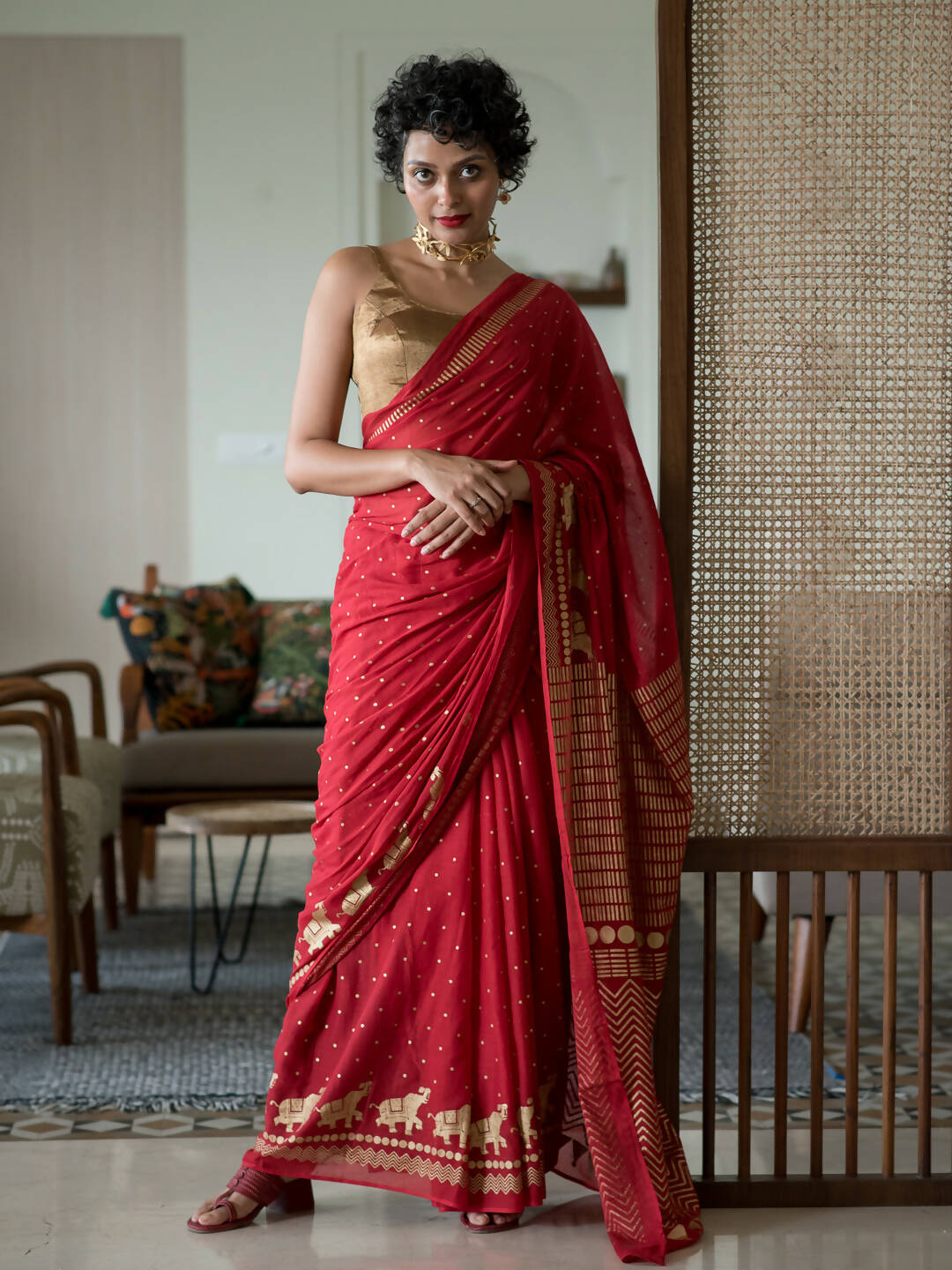 Suta Red Polka Dots Cotton Blend Saree | Grocsy