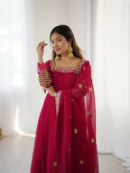 Joban Fashion Red Georgette Sequence Embroidery Work Readymade Kurta Set | Grocsy