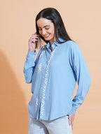 Pahnaz Modal Chikankari Handwork Shirt-Blue | Grocsy