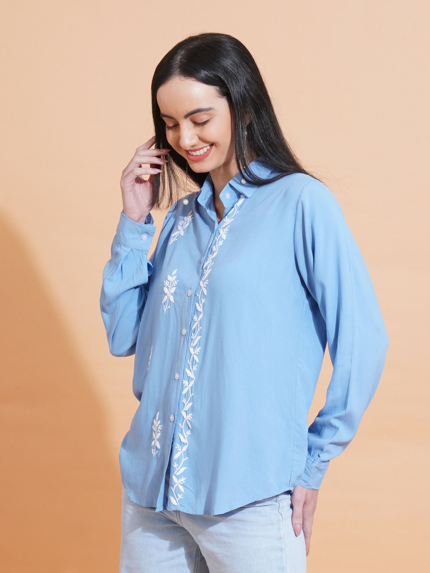 Pahnaz Modal Chikankari Handwork Shirt-Blue | Grocsy