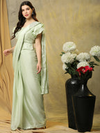 Light Green Silk Satin Sequence Work Ready to Wear Saree with stitched Blouse - Nirvana | Grocsy