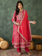 The52 Women's Beautiful Printed Work Rayon Fabric Flared Kurta Pant and Dupatta Set | Grocsy