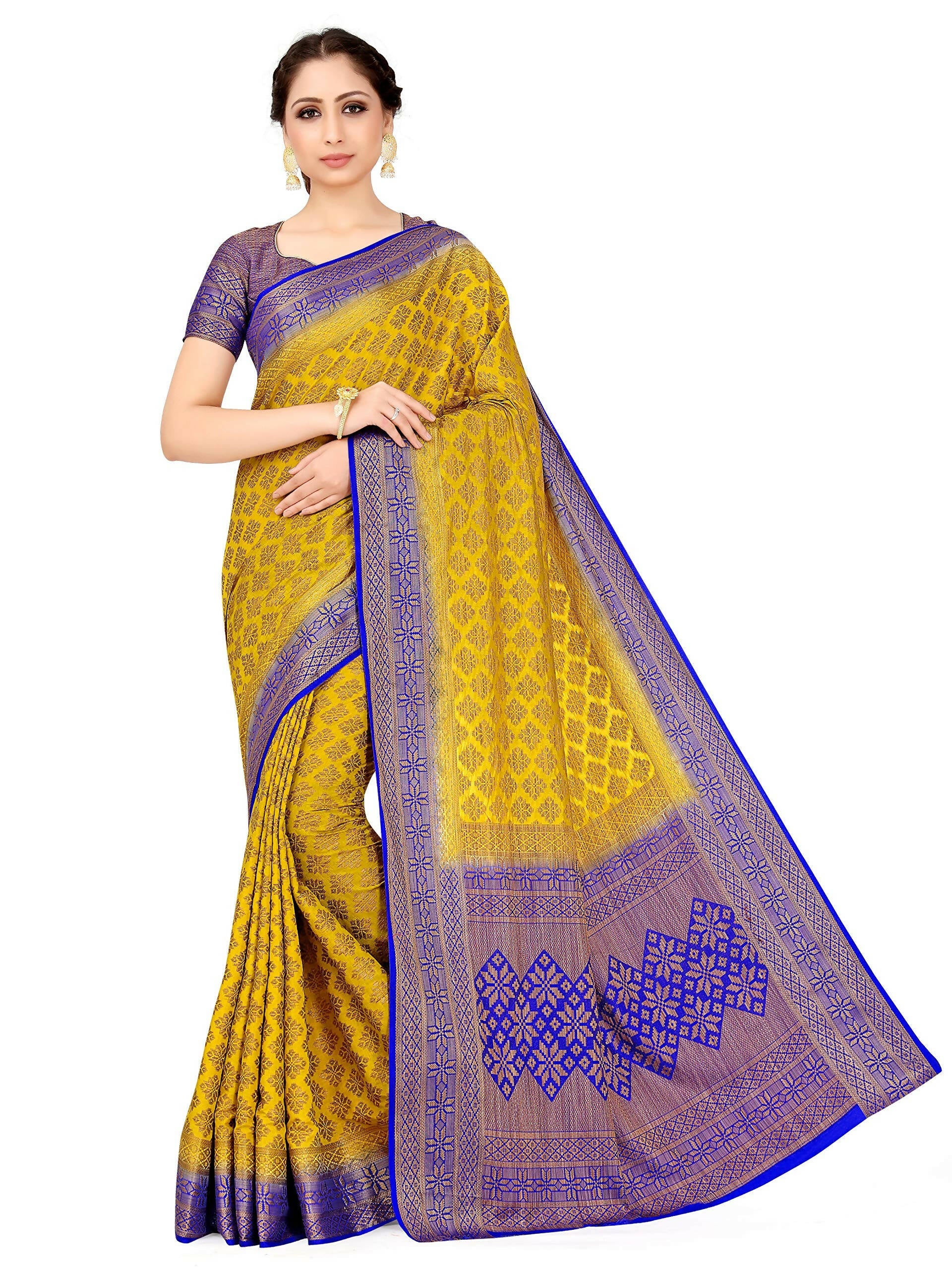 Mimosa Women's Mustard Yellow Patola Art Silk Saree | Grocsy