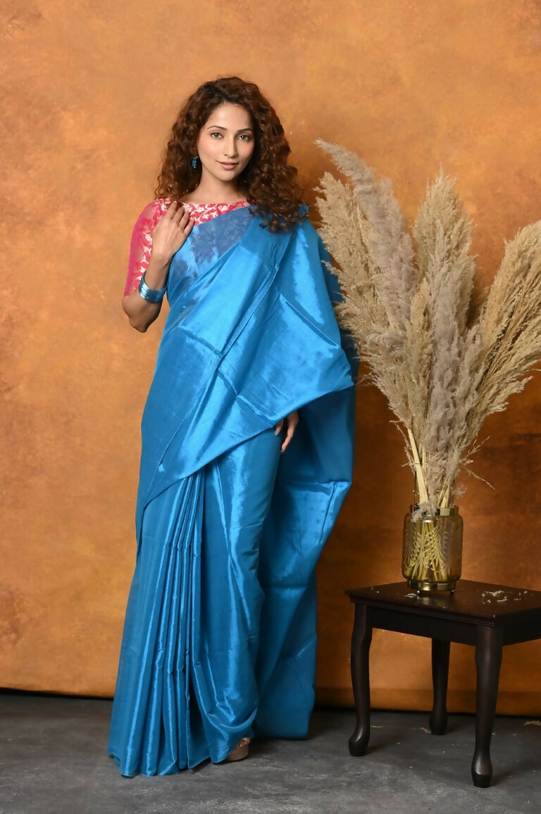 Very Much Indian Fusion Cotton Tissue Shimmer Saree - Light Blue | Grocsy