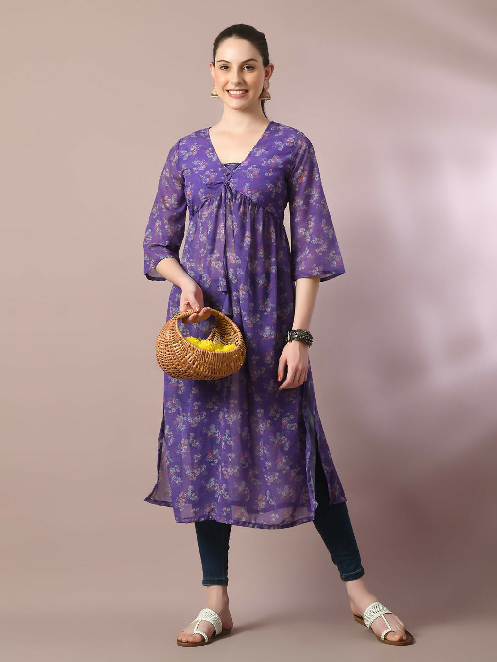 Myshka Women's Purple Printed Georgette A-Line Nyra-cut Kurta | Grocsy