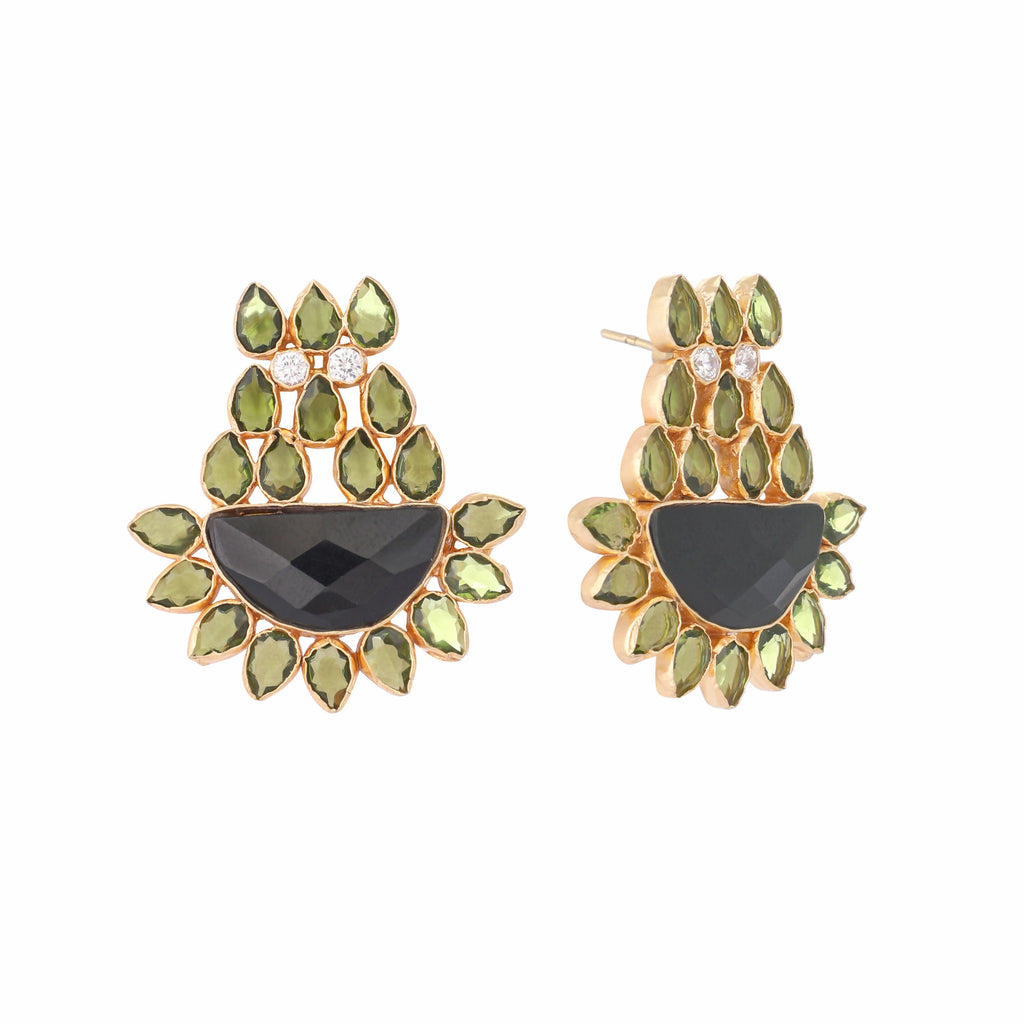 Nuyug 22K Gold Plated Dark Crystal Studded Contemporary Floral Shaped Stud Earrings | Grocsy