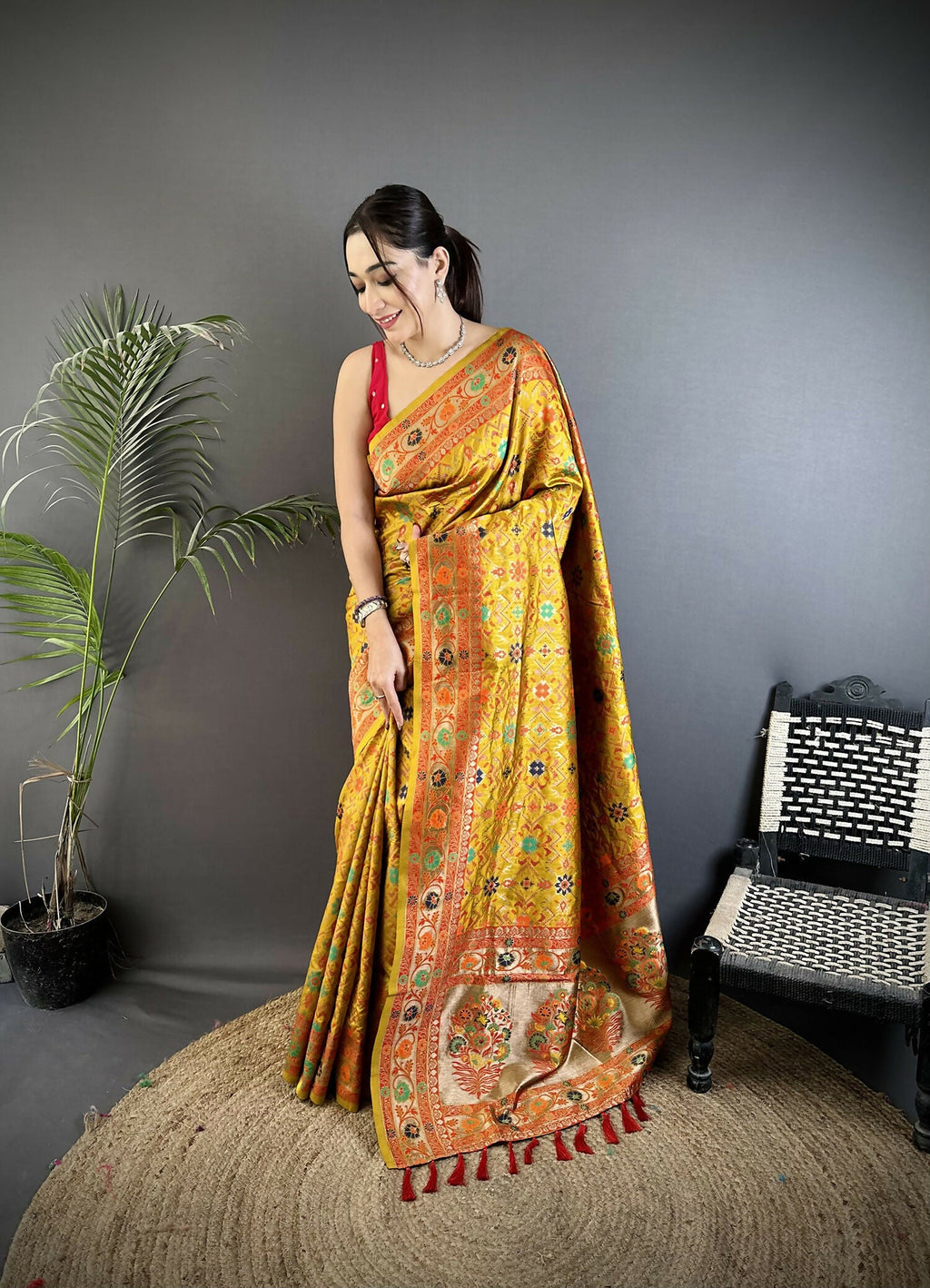 Joban Fashion Golden Yellow Banarasi Soft Silk Woven Saree | Grocsy