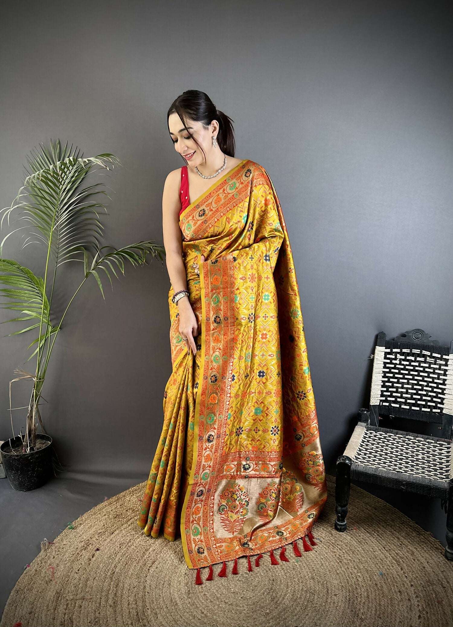 Joban Fashion Golden Yellow Banarasi Soft Silk Woven Saree | Grocsy