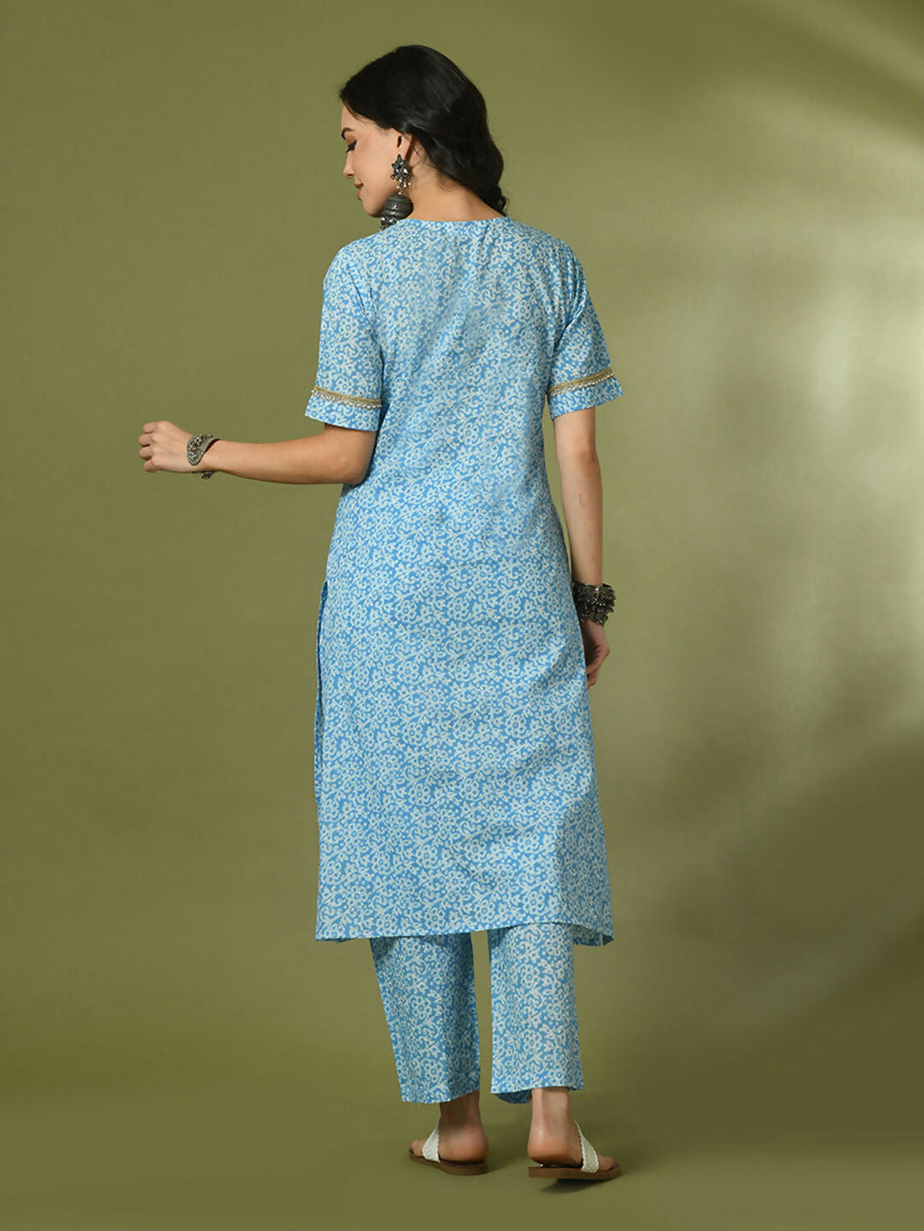 Myshka Women's Blue Printed Cotton Straight Party Kurta Set | Grocsy