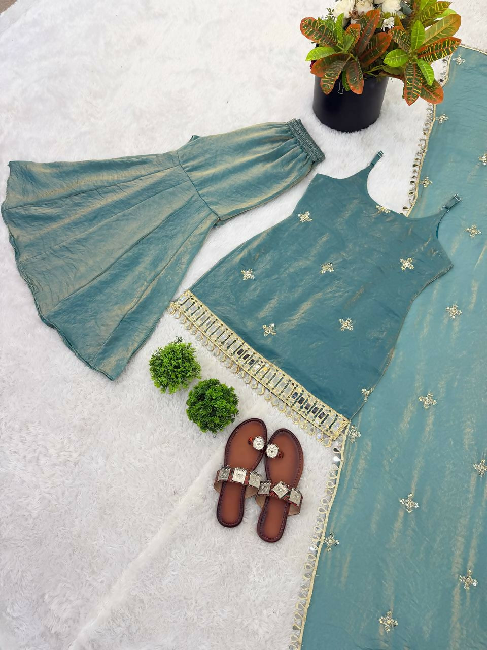 Teeya Creation Womens Trending Heavy Embroidery Sequence Work Kurta Sharara Set - Teal | Grocsy