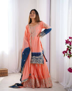 The52 Women's Beautiful Chinon silk Fabric Embroidery Work Straight Kurta Palazzo and Dupatta Set | Grocsy