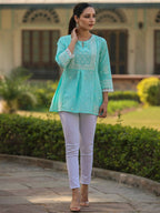Juniper Women's Aqua Cambric Floral Printed Tunic | Grocsy