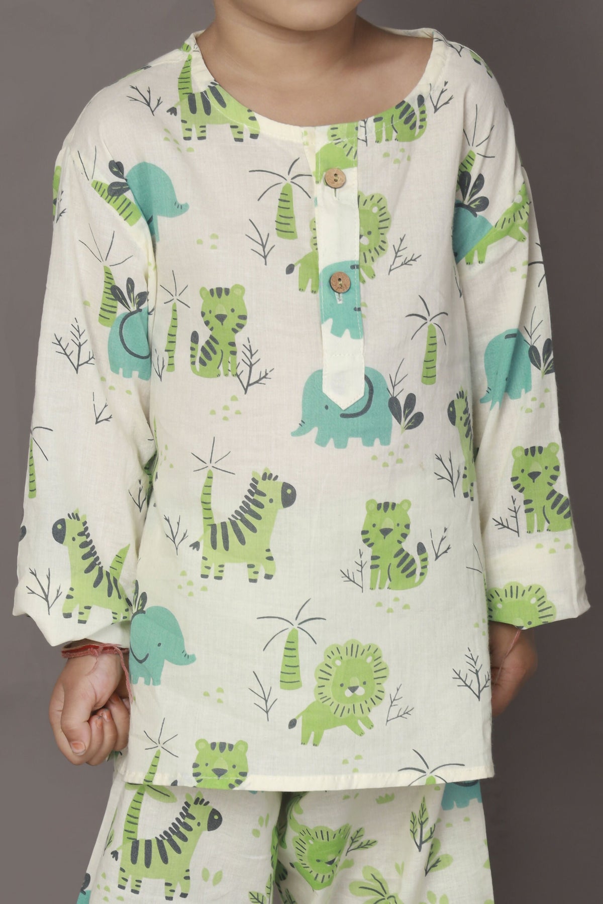 Breathables White Blue-Green Animal Cotton Nightsuit | Boys & Girls Kids | Grocsy