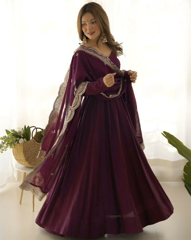 Joban Fashion Wine Kurta Set Chanderi Sequence Embroidery Work | Grocsy