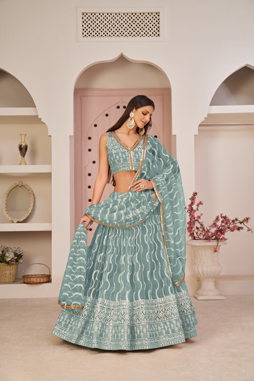 Eilara Mesmerizing Ocean Blue Butterfly Net White Cotton Thread Zari Sandwich Sequence Work Lehenga Choli For Wedding | Grocsy