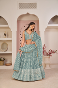 Eilara Mesmerizing Ocean Blue Butterfly Net White Cotton Thread Zari Sandwich Sequence Work Lehenga Choli For Wedding | Grocsy