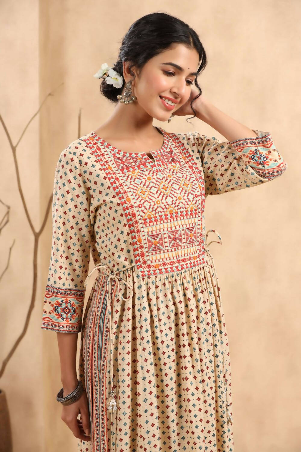 Juniper Women's Beige Rayon Printed Embroidered Straight Kurta | Grocsy