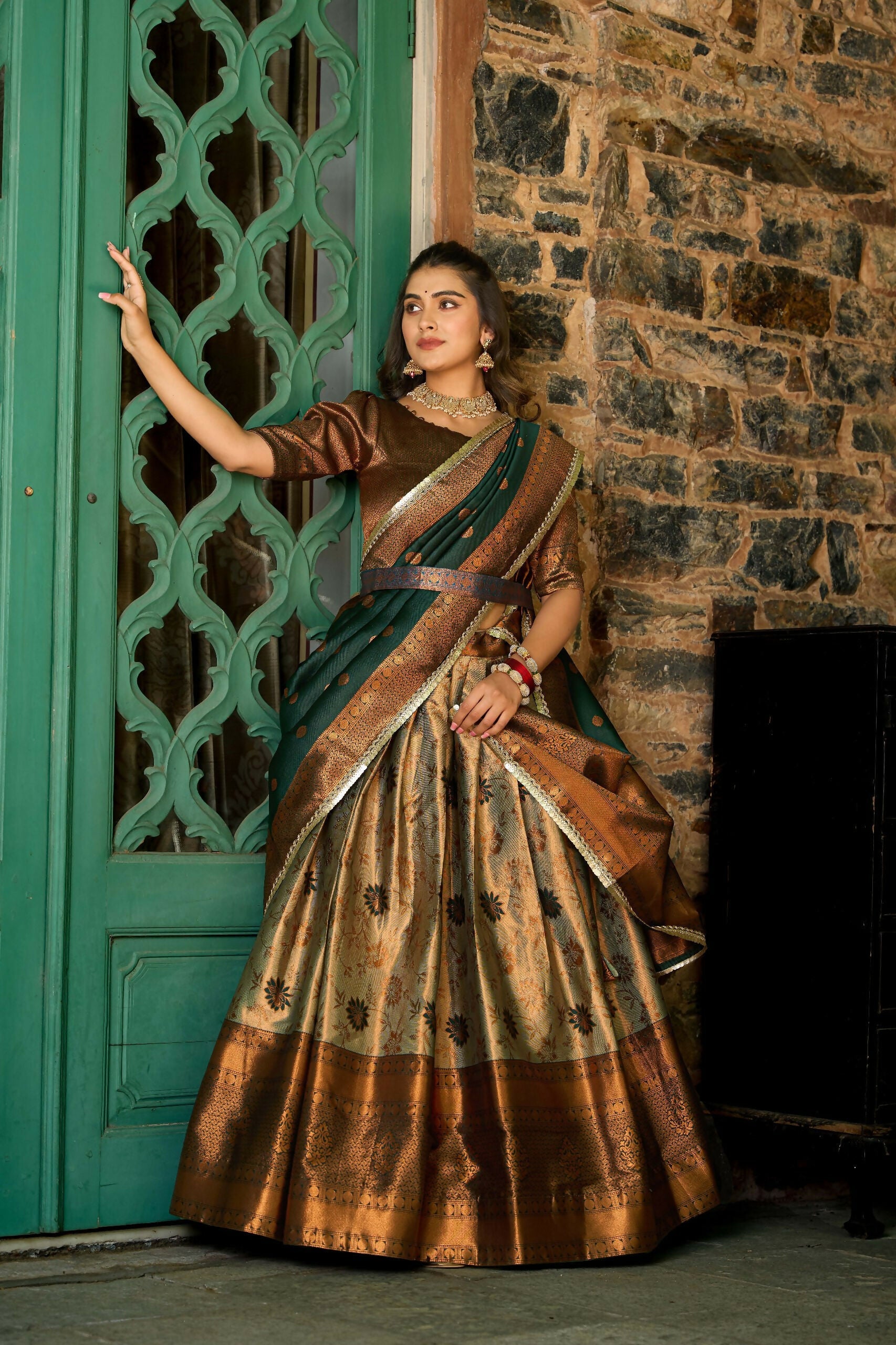 Vastranavya Traditional Jacquard Silk Zari Weaving Silk Lehenga Choli - Green | Grocsy
