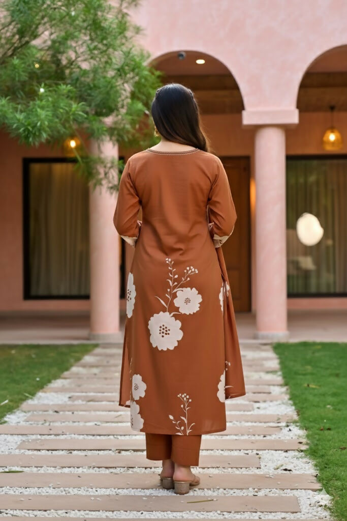 The52 Women's Gorgeous Printed Work Muslin Fabric Straight Kurta Pant and Dupatta Set-Brown | Grocsy