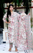 Miravan Women's Cotton Light Pink Scenic Birds And Leaf Straight Pakistani Style Suit Set | Grocsy